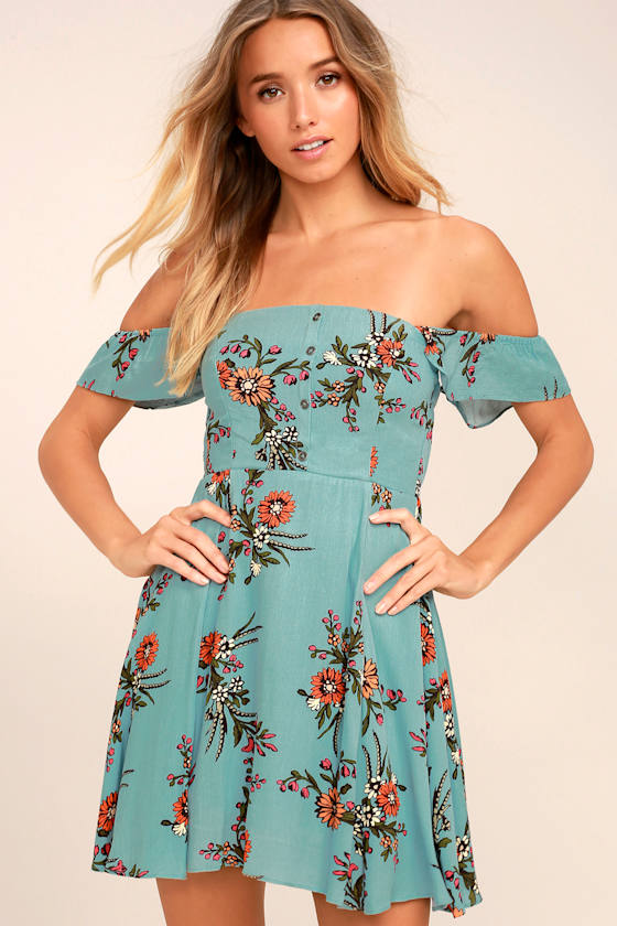 One Sweet Day Light Blue Floral Print Off-the-Shoulder Dress 1