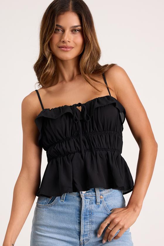 Toh トー　VICKY CAMI-TOPS Black　キャミトップス　黒 Black Peplum Cami Top - Smocked Cami Top - Tie-Front Cami Top - Lulus