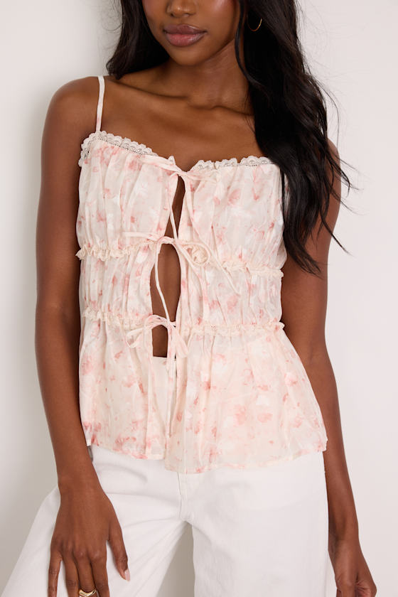 Light Pink Floral Cami Top - Lacy Tank Top - Tie-Front Tank Top