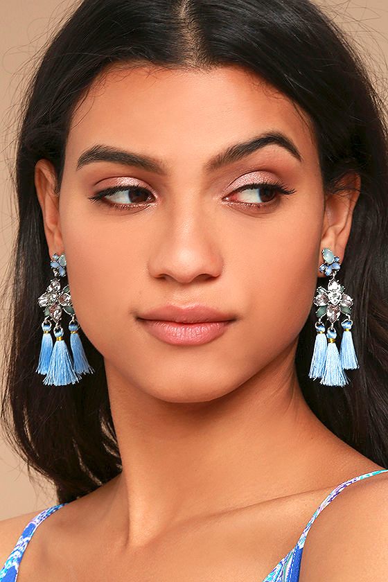 Pretty Blue and Silver Tassel Earrings Silver Earrings Blue