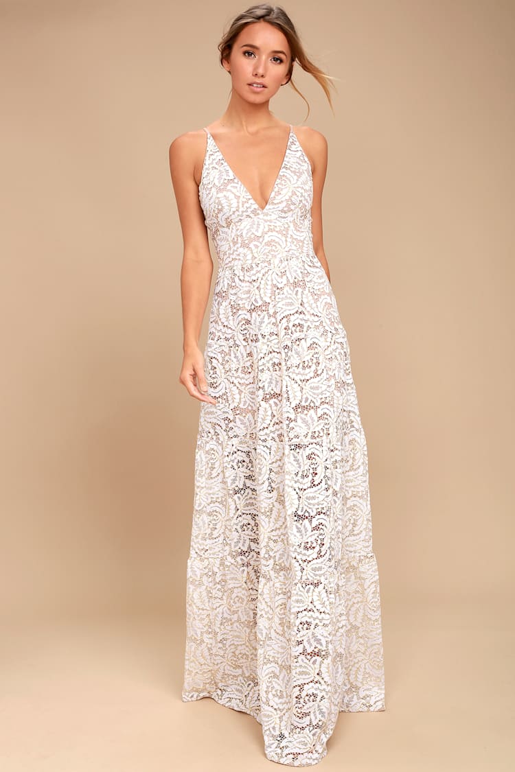 Melina Gold and White Lace Maxi Dress Melina Gold and White Lace Maxi Dress