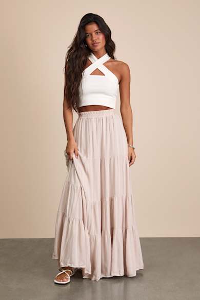 slim fit dress slacks La Lune High Waist Maxi Skirt | Cream | Skirts main image 1