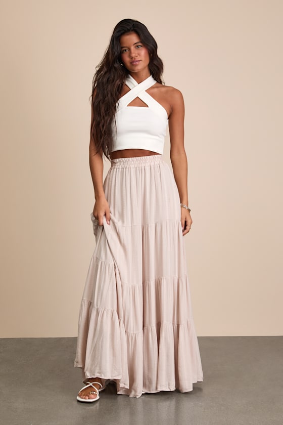 Sunset by the Sea Light Beige Embroidered Tiered Maxi Skirt 1