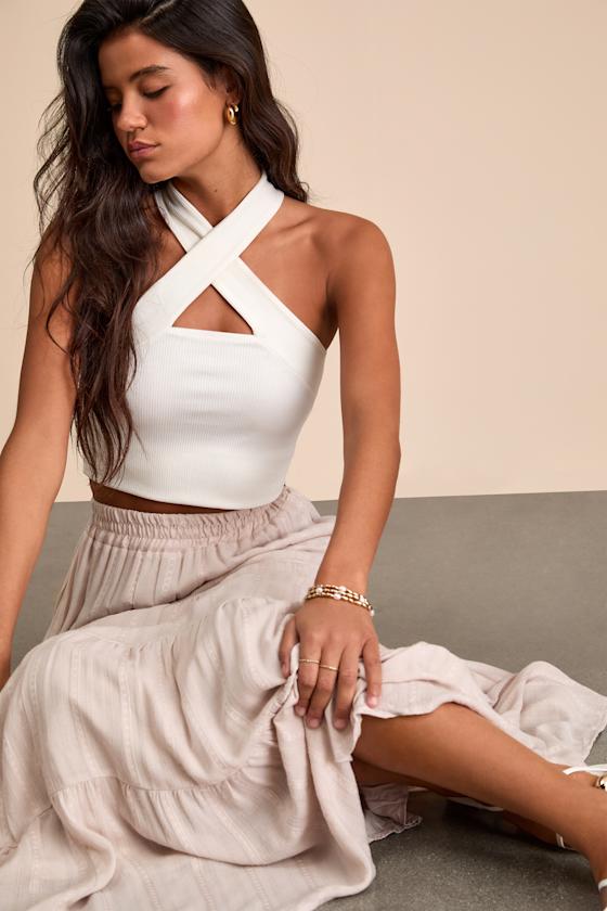 Sunset by the Sea Light Beige Embroidered Tiered Maxi Skirt 2