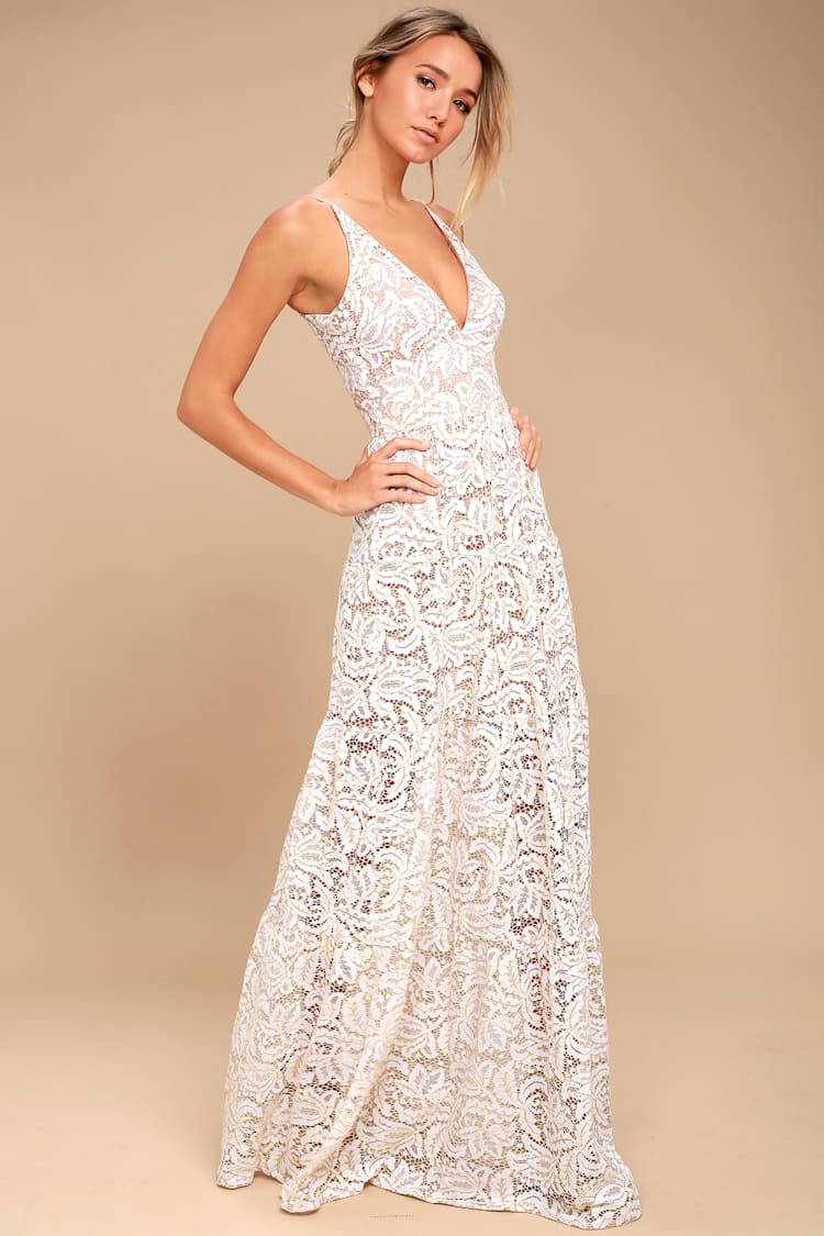 Melina Gold and White Lace Maxi Dress
