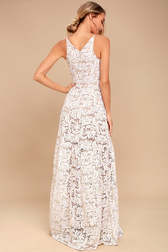 Melina Gold and White Lace Maxi Dress