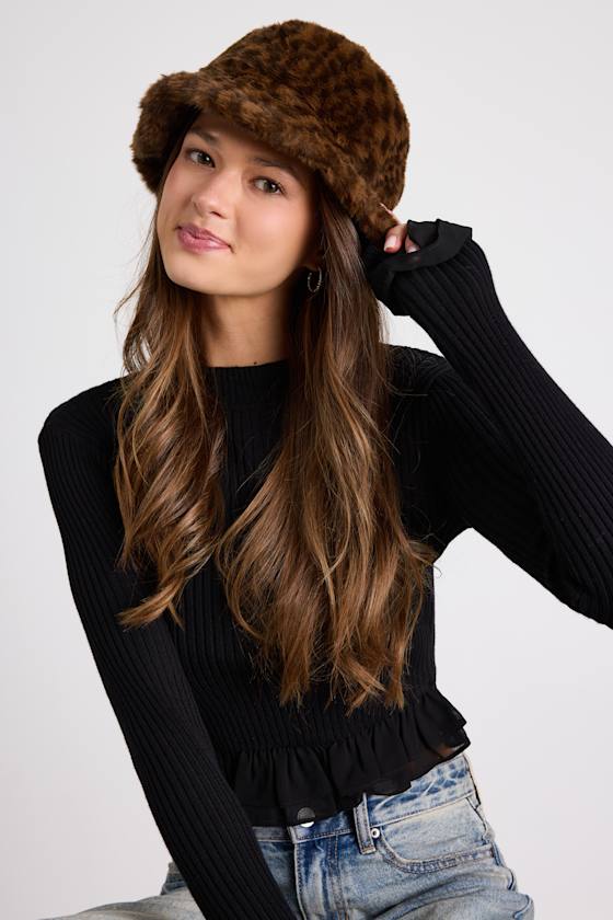 Hildy Light Brown Leopard Faux Fur Bucket Hat 1