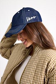Classic Script Dark Wash Denim Embroidered Jockey Hat 1