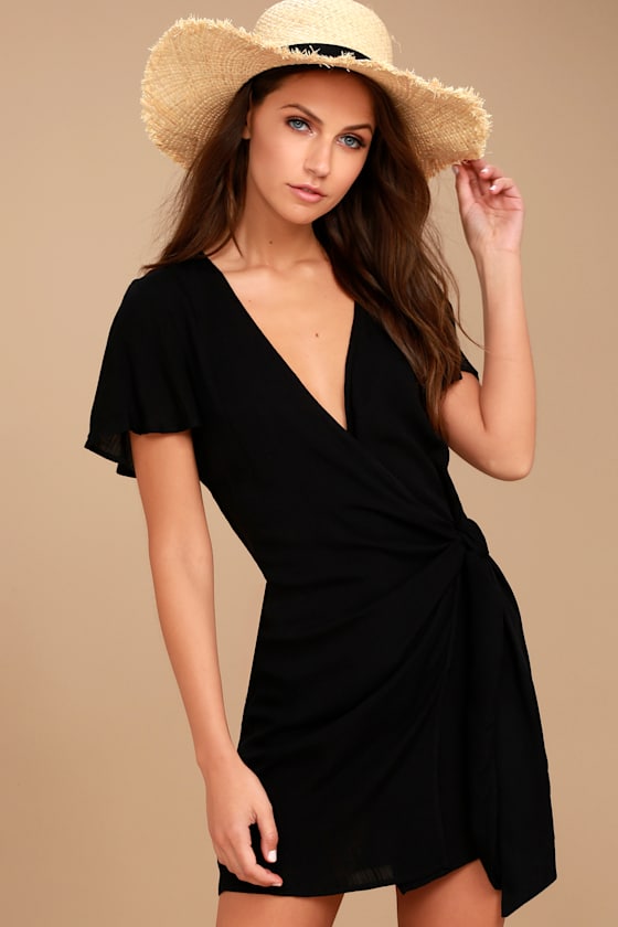 Black Wrap Dress Tying Wrap Dress Short Sleeve Dress Lulus