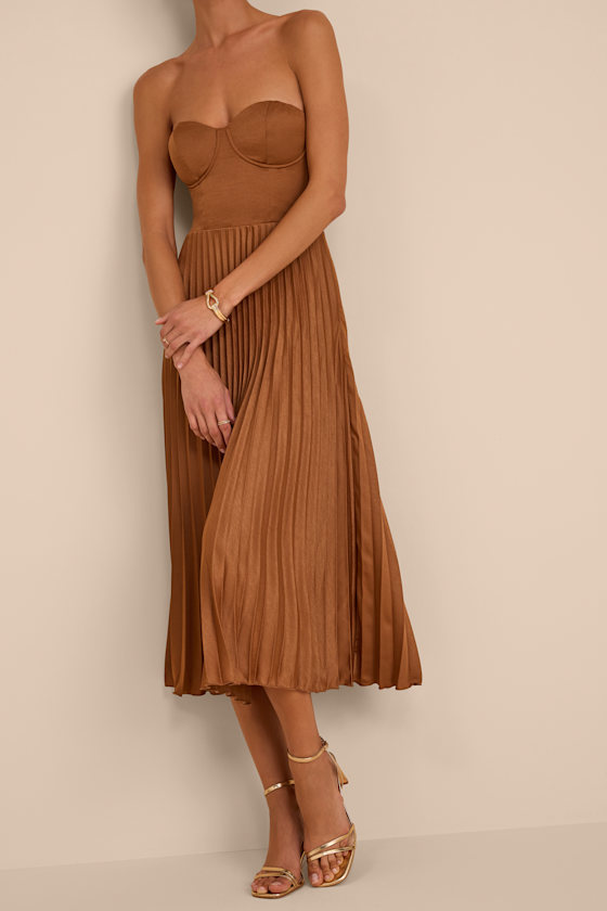 Irelyn Light Brown Satin Bustier Midi Dress 3