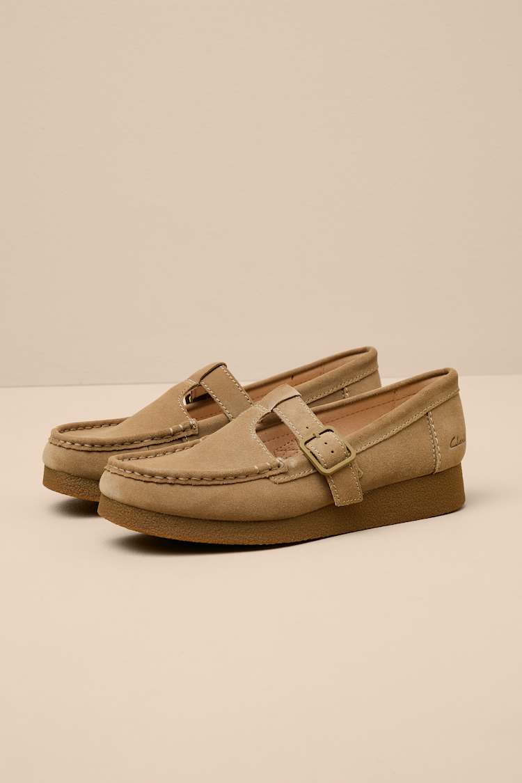 Wallabee T-Bar Dark Sand Suede Buckle Flats