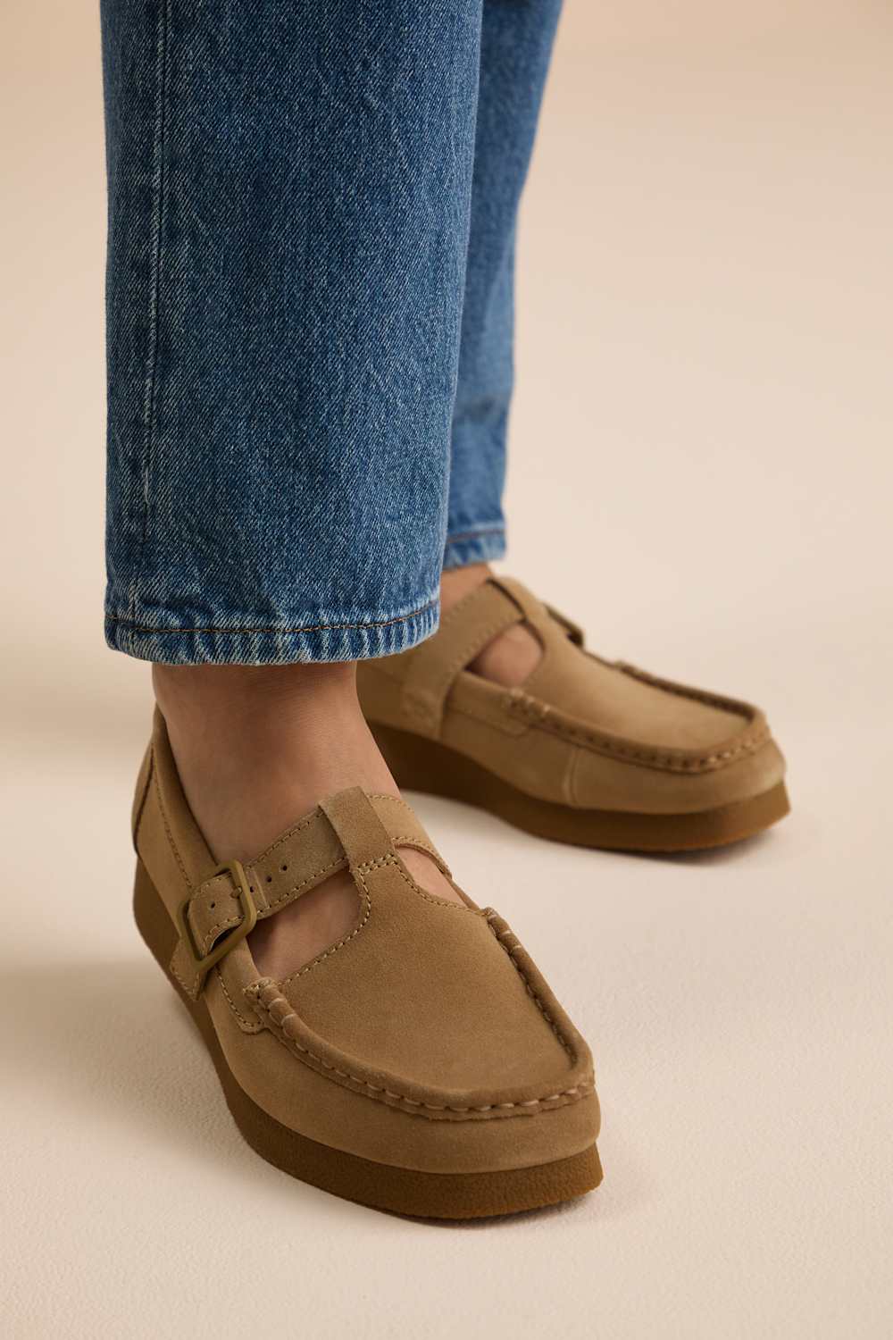 Wallabee T-Bar Dark Sand Suede Buckle Flats