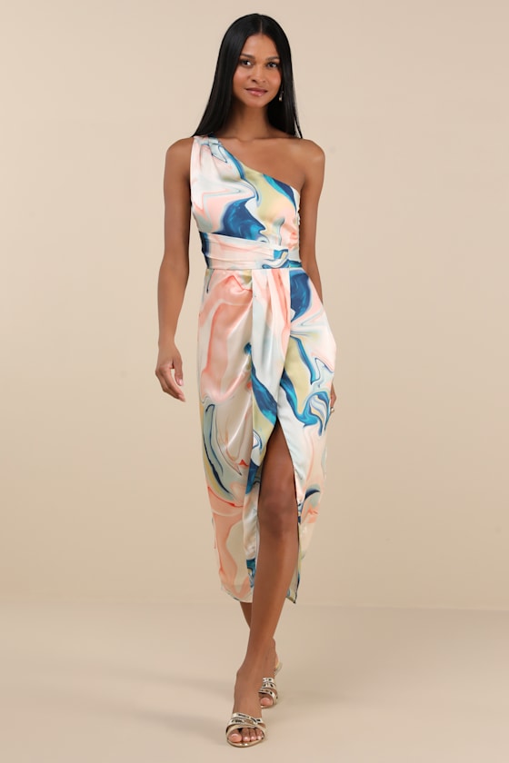 Image of Rhema White Multi Abstract Print Satin Midi Dress