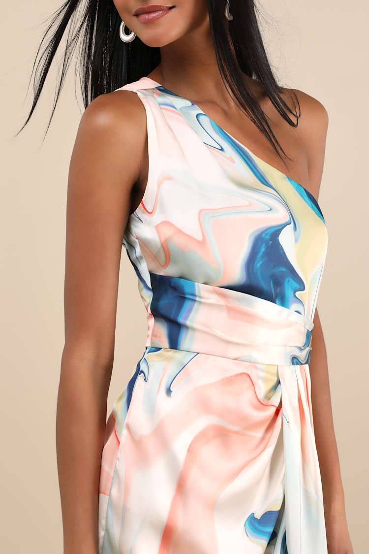 Rhema White Multi Abstract Print Satin Midi Dress