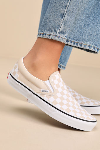 Classic Creme Brulee and White Checkerboard Slip-On Sneakers 1