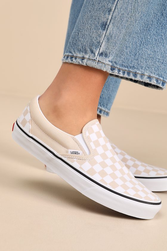 Classic Creme Brulee and White Checkerboard Slip-On Sneakers 1