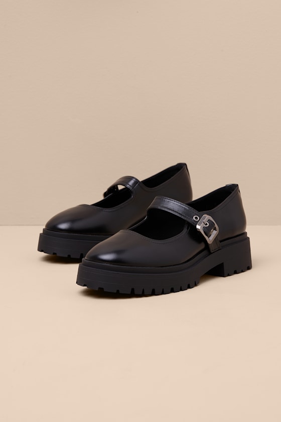 Black Mary Janes Flats - Faux Leather Flats - Buckle Mary Janes