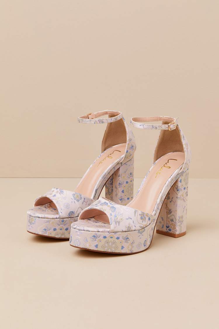 Orsola Beige Brocade Platform Ankle Strap Sandals