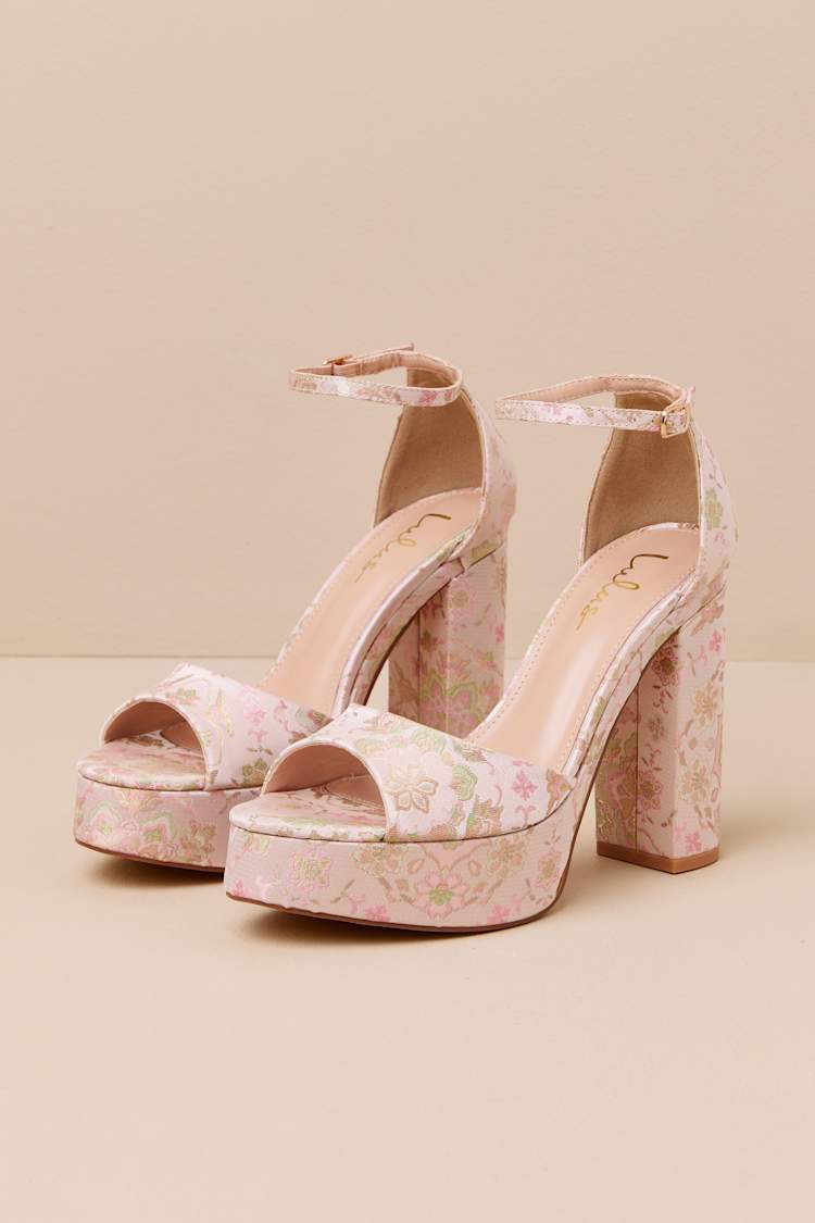 Orsola Pink Brocade Platform Ankle Strap Sandals