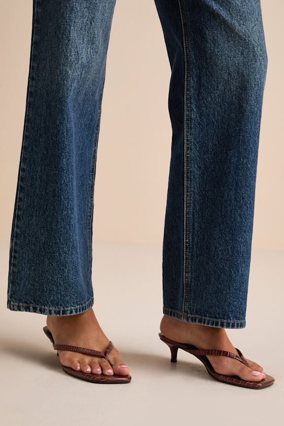 Massima Brown Croc-Embrossed Thong Kitten Heel Sandals 1