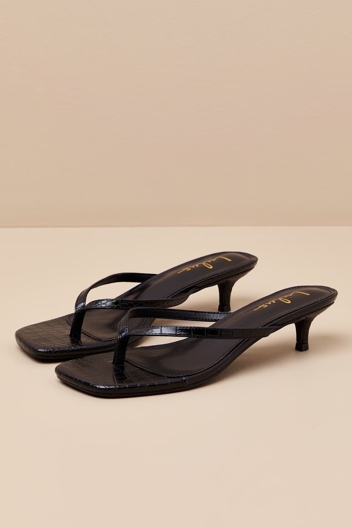 Massima Black Croc-Embrossed Kitten Heel Thong Sandals