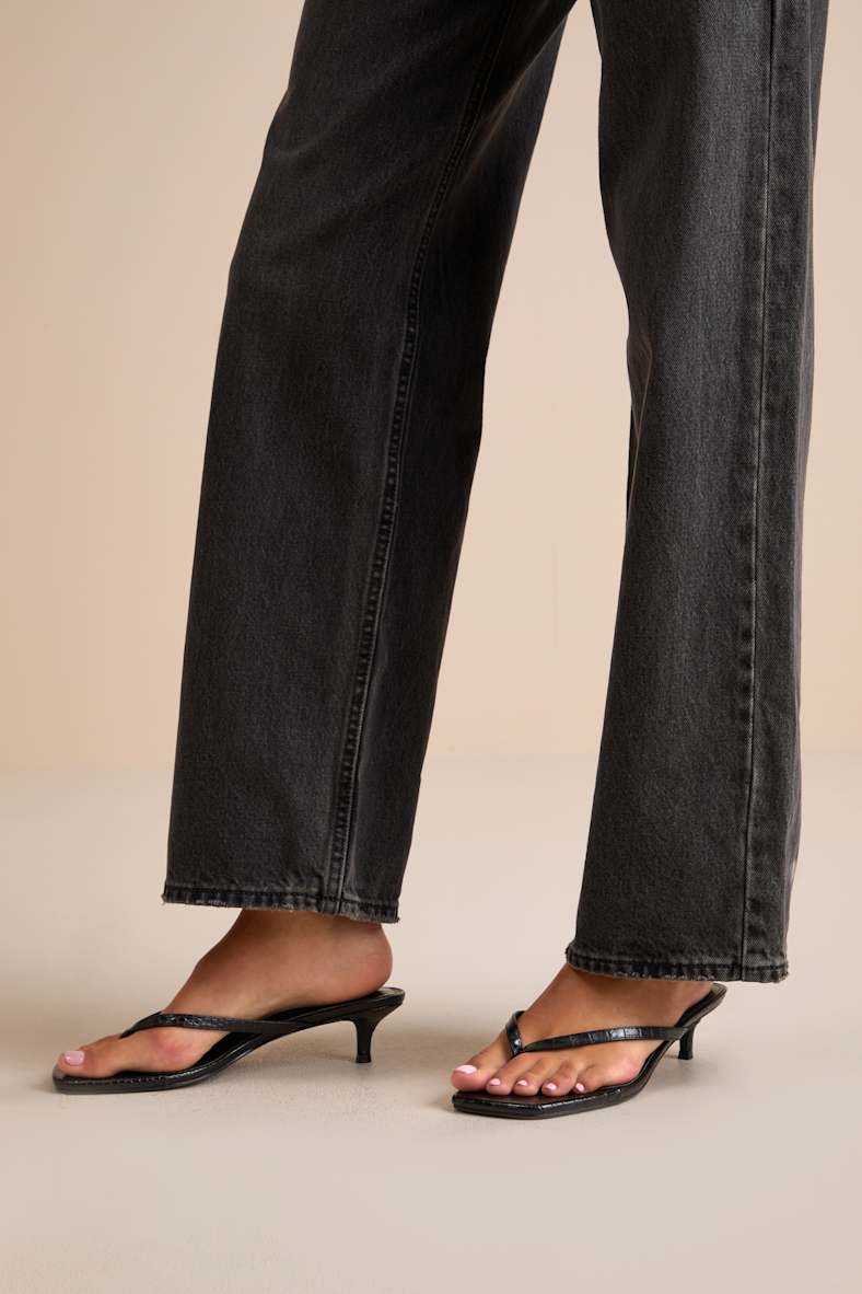 Massima Black Croc-Embrossed Kitten Heel Thong Sandals