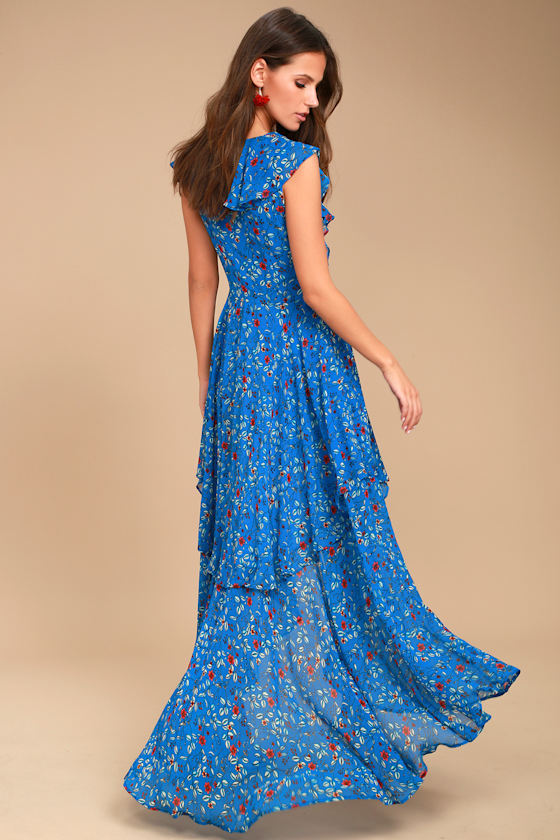 Always and Forever Blue Floral Print Lace-Up High-Low Dress 7