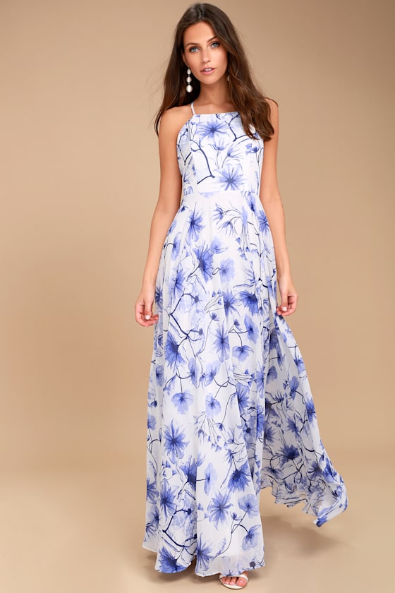floral print pleated backless slip maxi dress