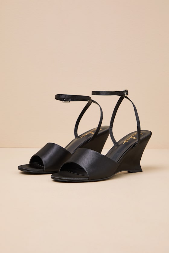 Chiarina Black Satin Ankle Strap Wedge Sandals 2