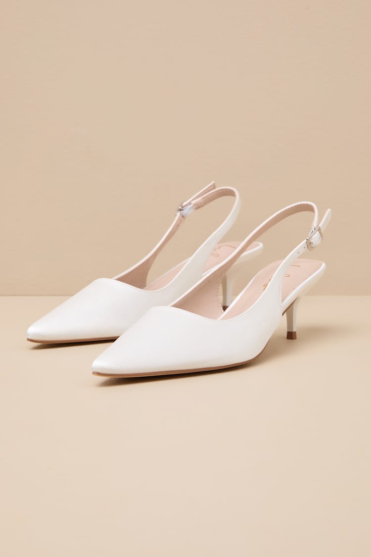 Agnesca White Satin Slingback Kitten Heel Pumps