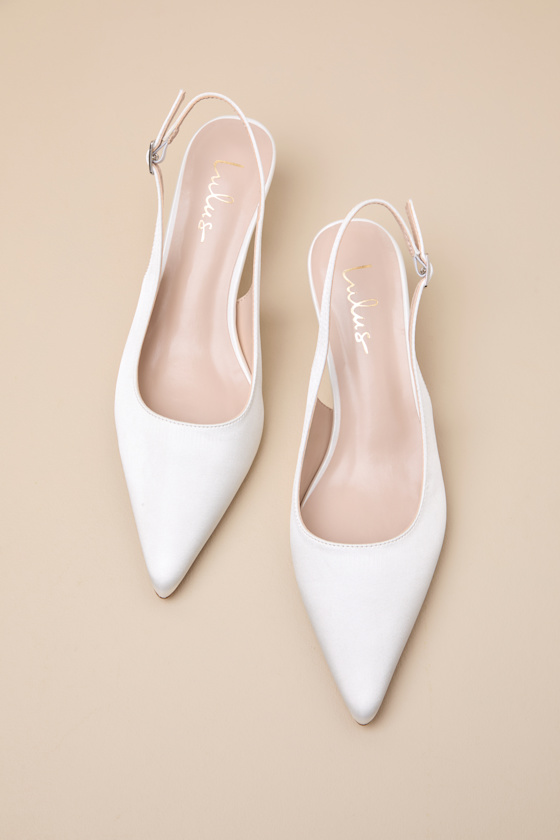 Agnesca White Satin Slingback Kitten Heel Pumps - thumbnail 4