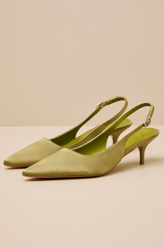 Agnesca Olive Satin Slingback Kitten Heel Pumps 1