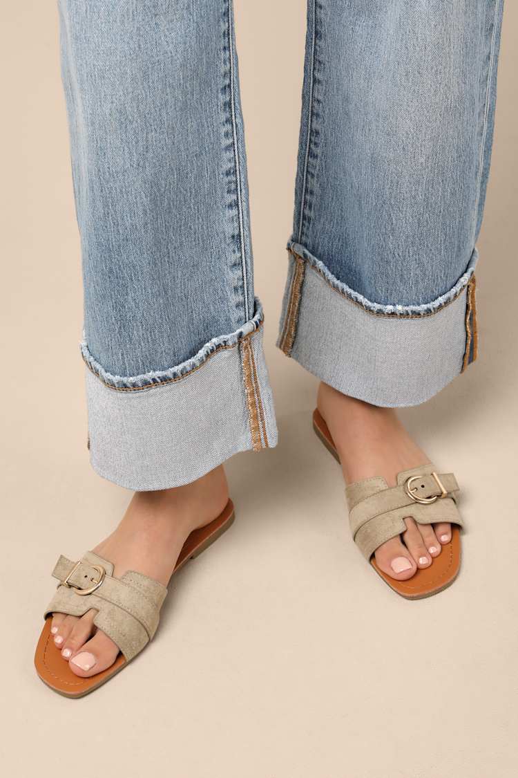Taupe Slide Sandals - Suede Buckle Sandals - Buckle Slide  display picture 3