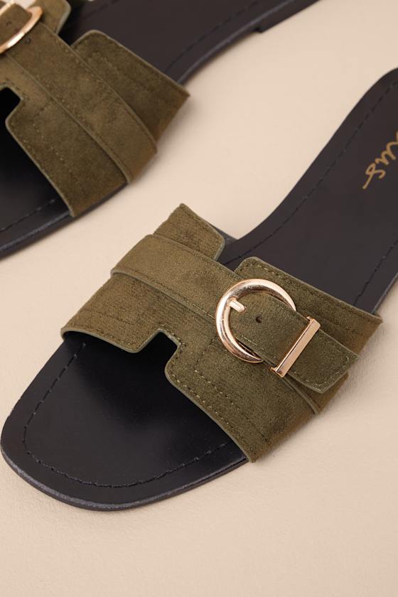 Edetta Olive Green Suede Buckle Slide Sandals