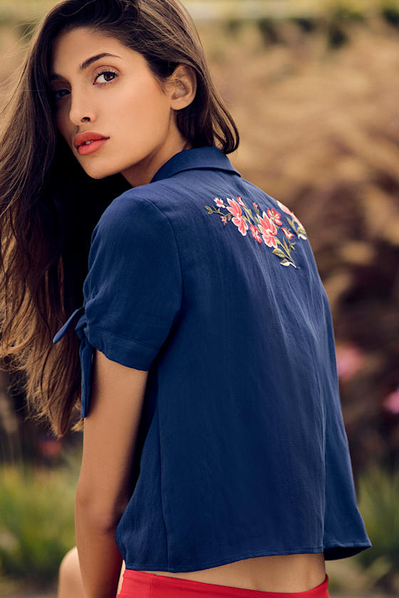 Awesome Blossom Navy Blue Embroidered Crop Top 5