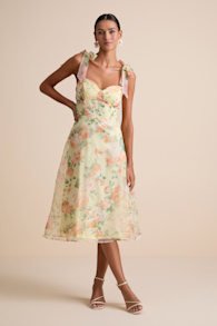 Olesya Light Yellow Floral Tie-Strap Midi Dress 2