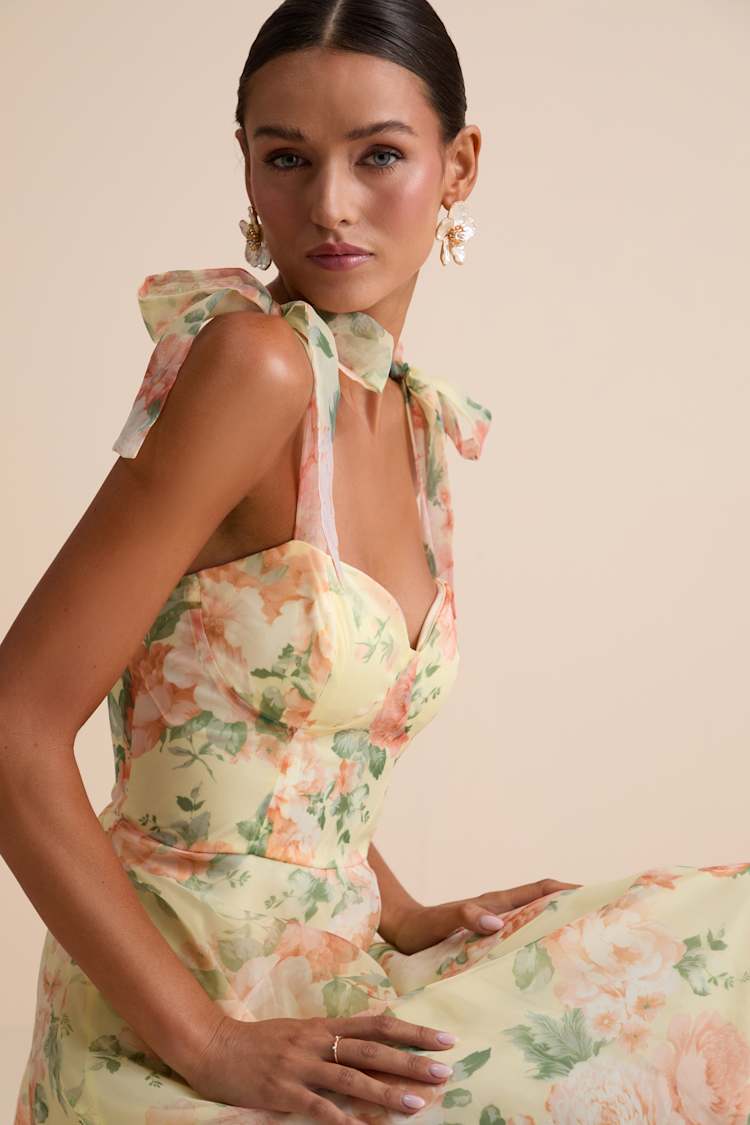Olesya Light Yellow Floral Tie-Strap Midi Dress