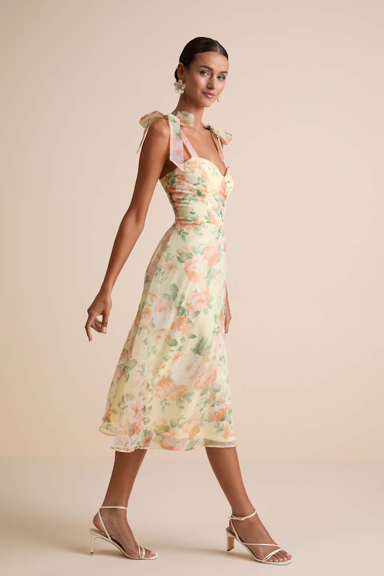 Olesya Light Yellow Floral Tie-Strap Midi Dress