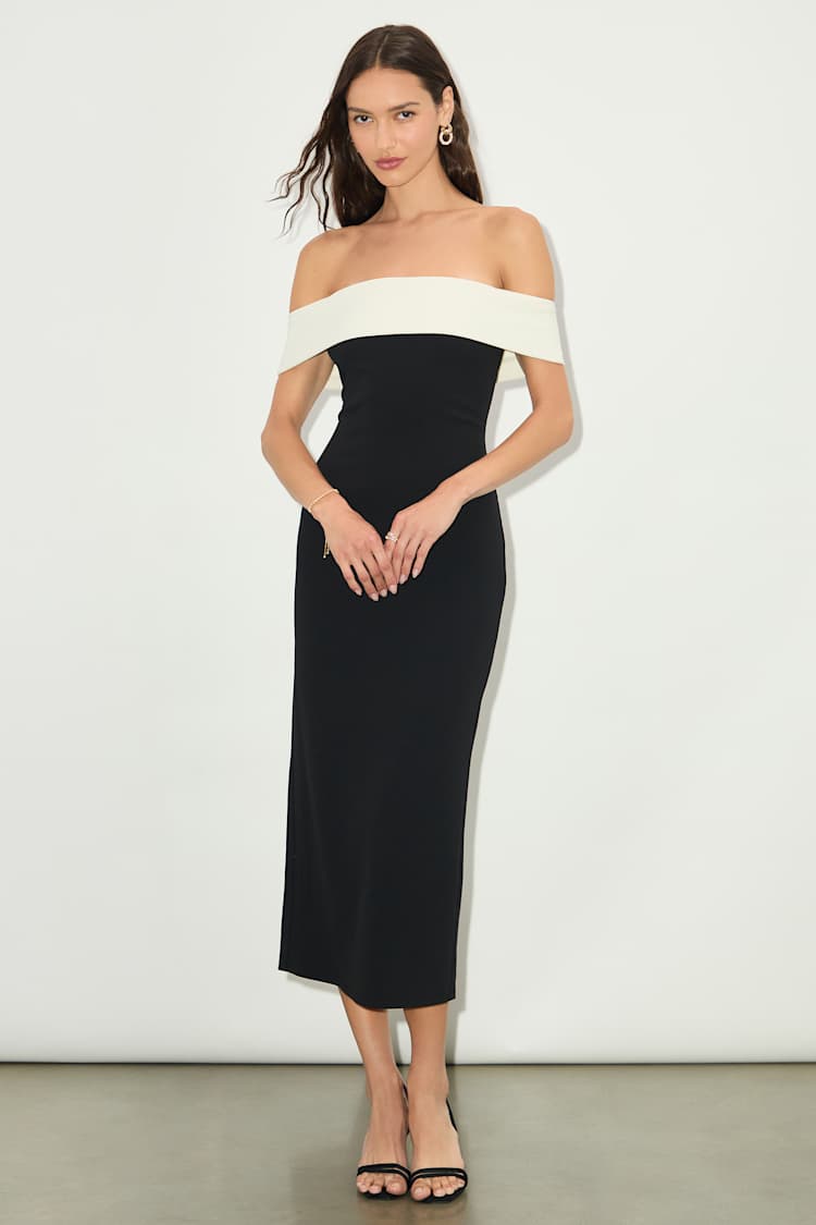 Roselyn Black and White Off-the-Shoulder Midi Dress