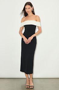 Roselyn Black and White Off-the-Shoulder Midi Dress 3