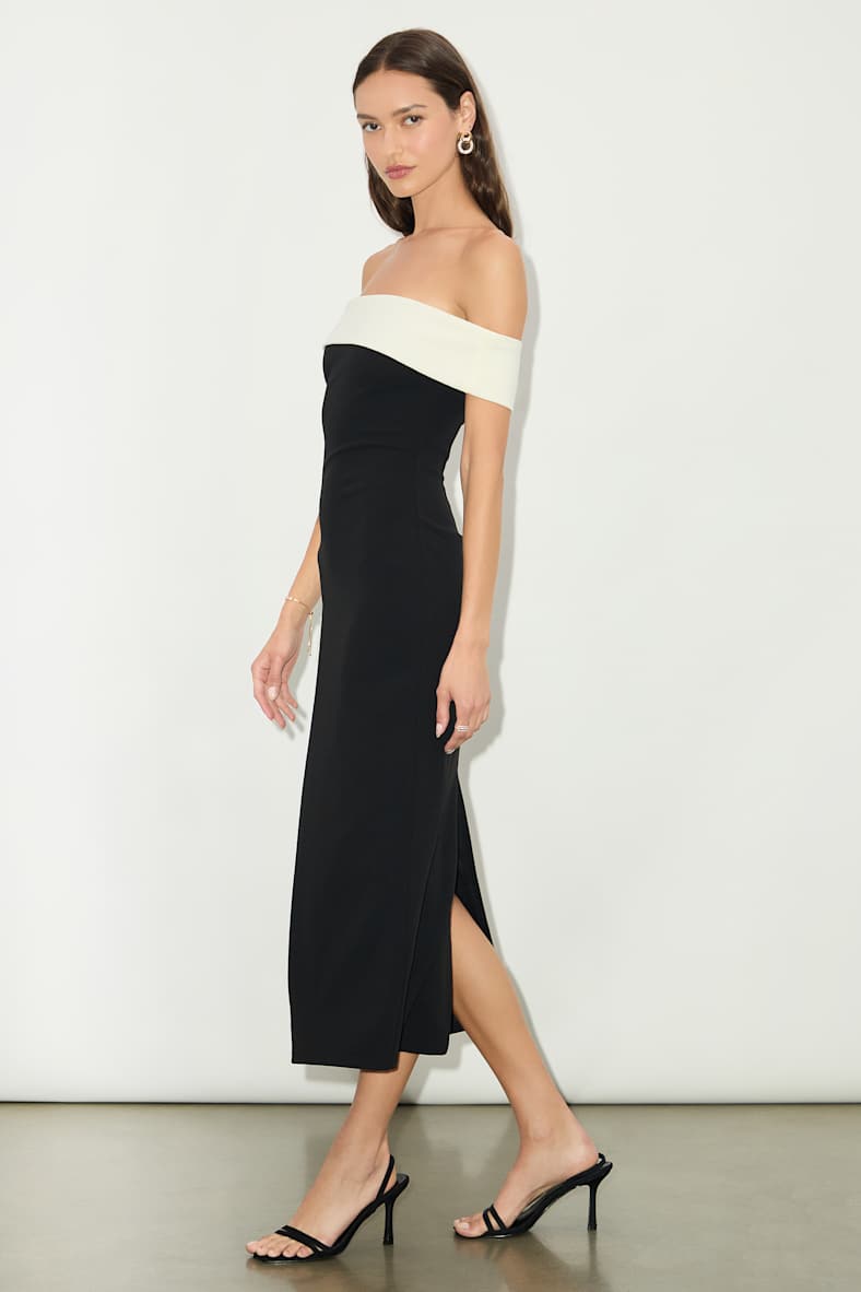 Roselyn Black and White Off-the-Shoulder Midi Dress