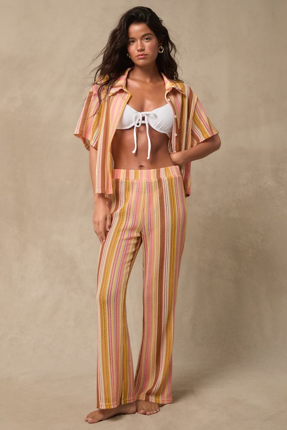 Bashe Yellow Multi Striped Pierced Crochet Knit Cover-Up Set 3