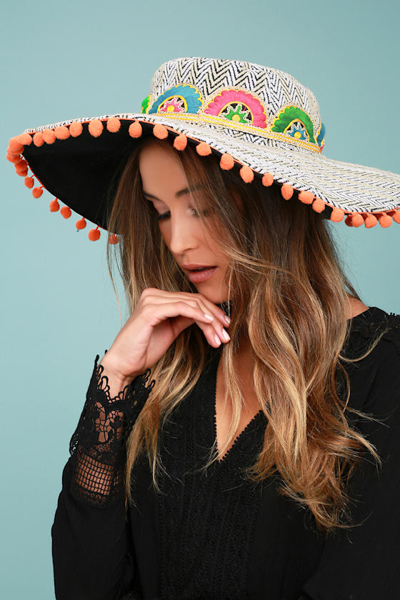 White and Beige Hat Pompom Hat Embroidered Hat Lulus