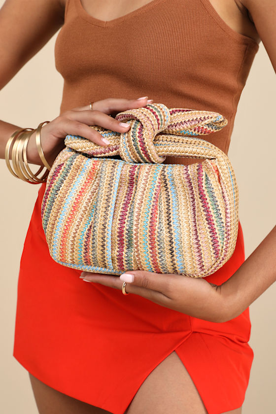 Essential Style Beige Multi Striped Woven Knot Handle Clutch 1