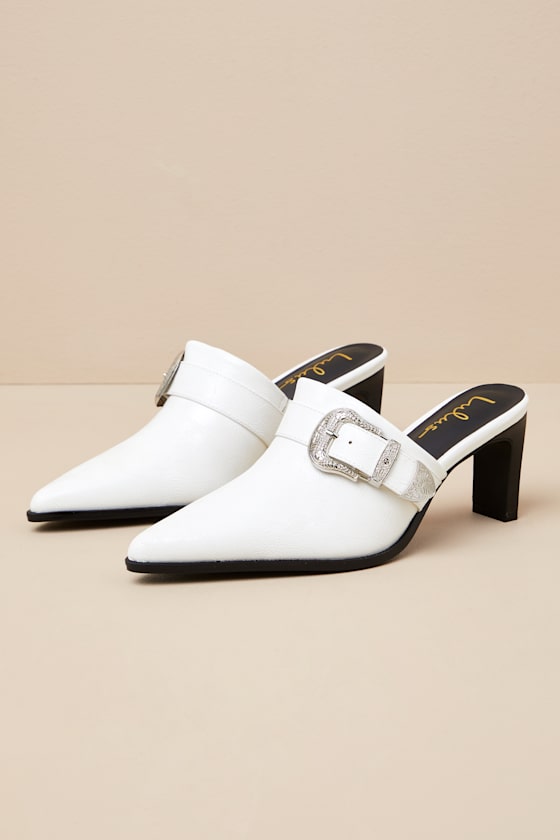 Isabetta White Pointed-Toe Buckle Mules 3