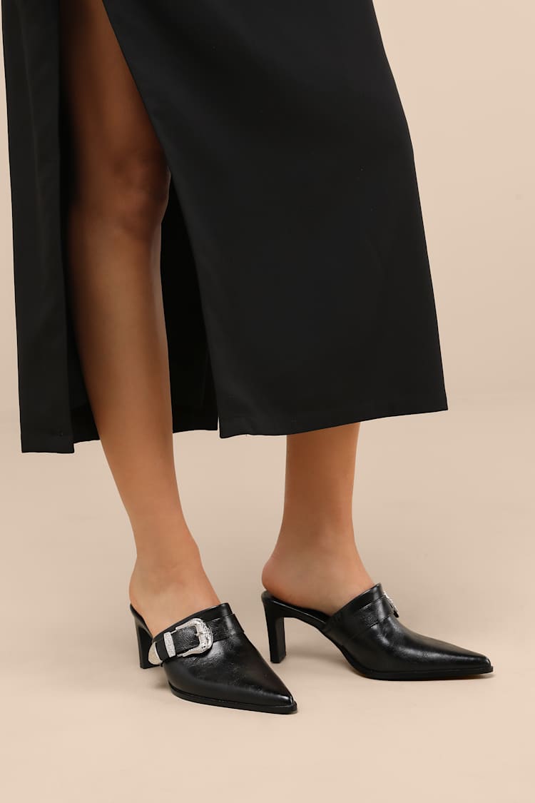 Lulus | Black Pointed-Toe Buckle Mules | Womens | 7