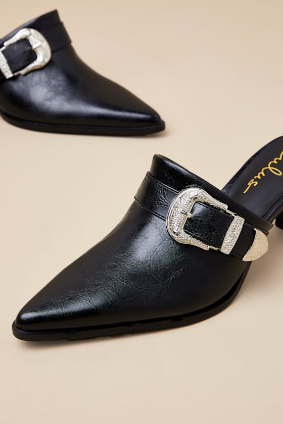 Isabetta Black Pointed-Toe Buckle Mules
