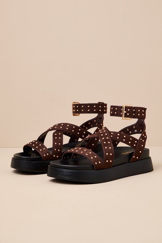 Aryanna Chocolate Suede Studded Flatform Sandals 3