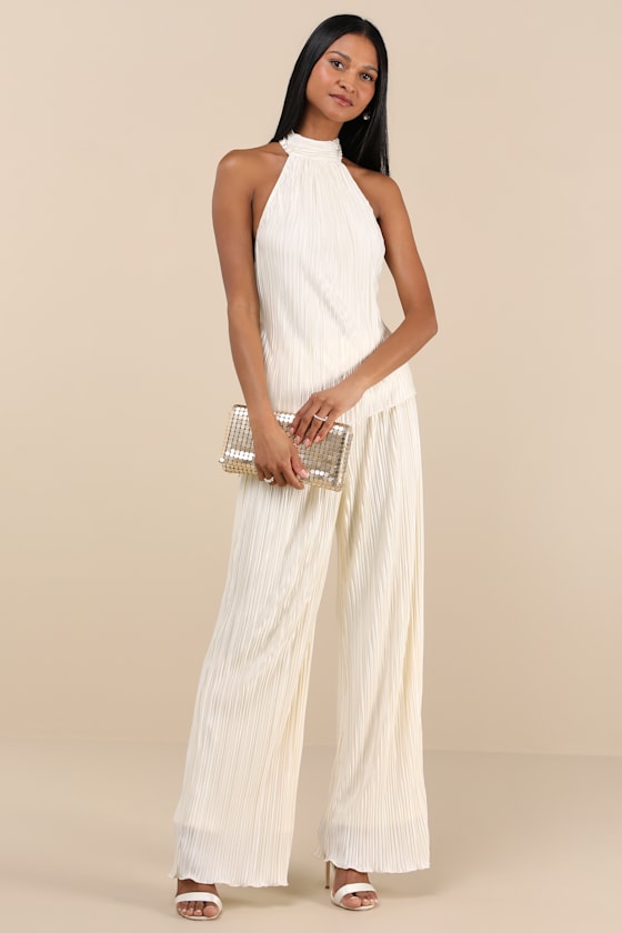 Lulus Lenni Cream Plisse Backless Two-piece Jumpsuit
