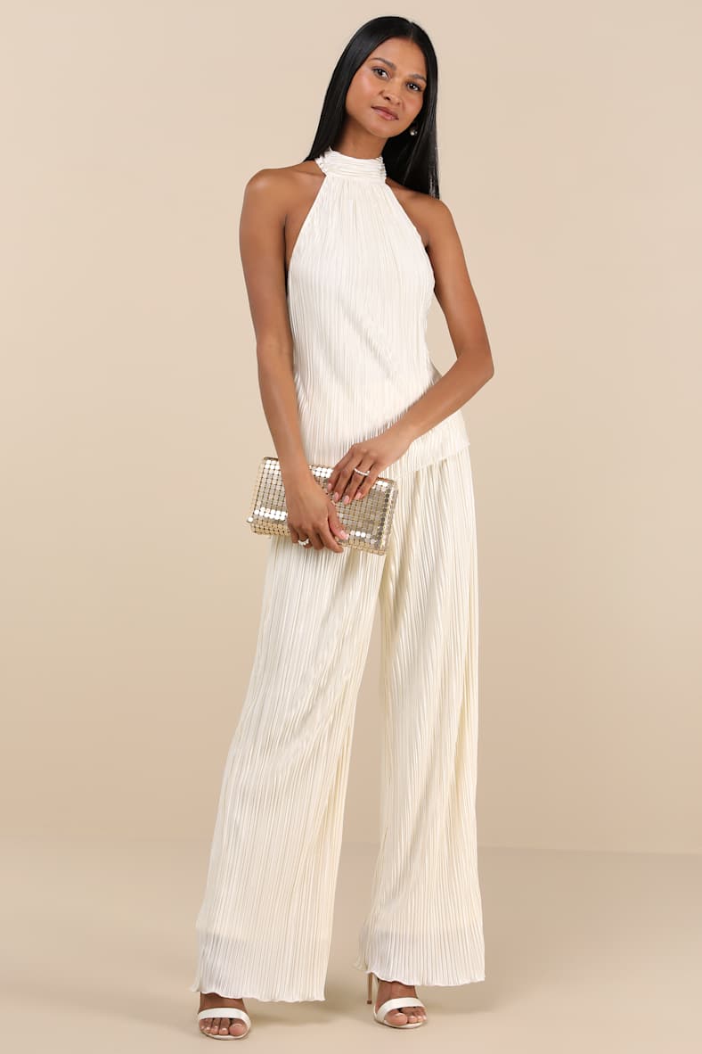Lenni Cream Plisse Backless Two-Piece Jumpsuit